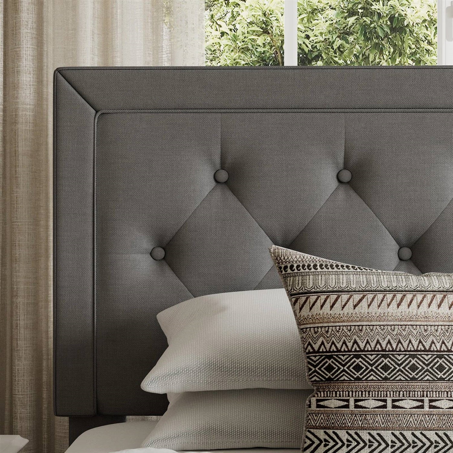 Queen Grey Linen Upholstered Platform Bed Frame with Button-Tufted Headboard-1