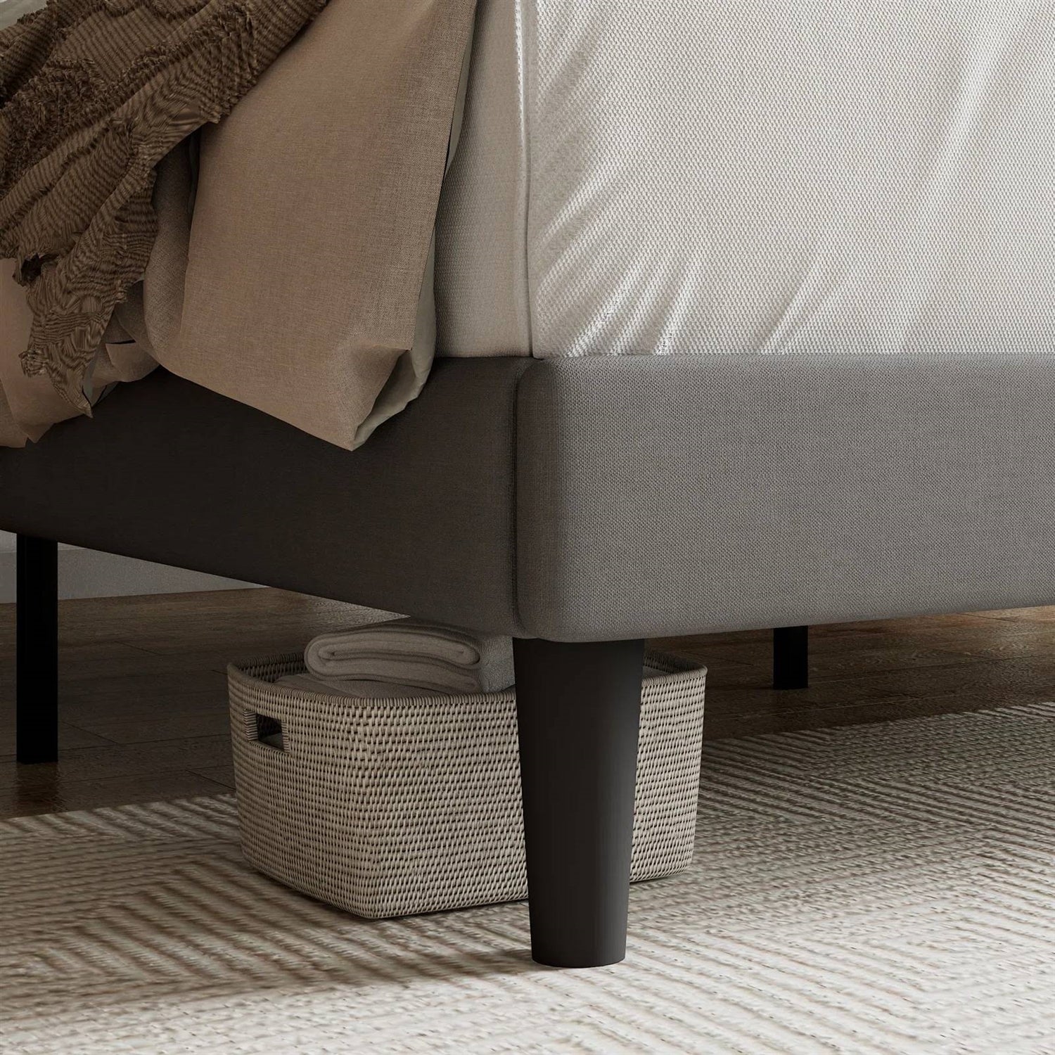 Queen Grey Linen Upholstered Platform Bed Frame with Button-Tufted Headboard-2