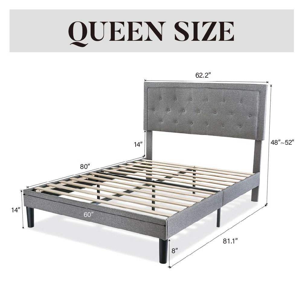 Queen Grey Linen Upholstered Platform Bed Frame with Button-Tufted Headboard-3