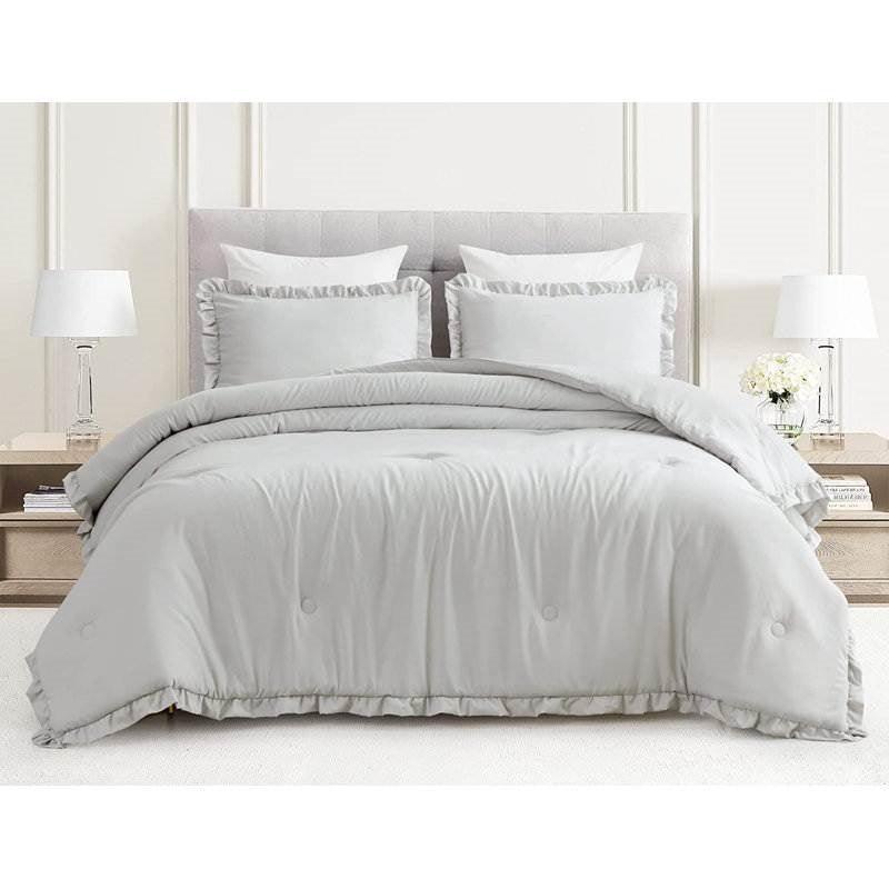 Queen Oversized Grey Ruffled Edge Microfiber Comforter Set - PRHOMZ