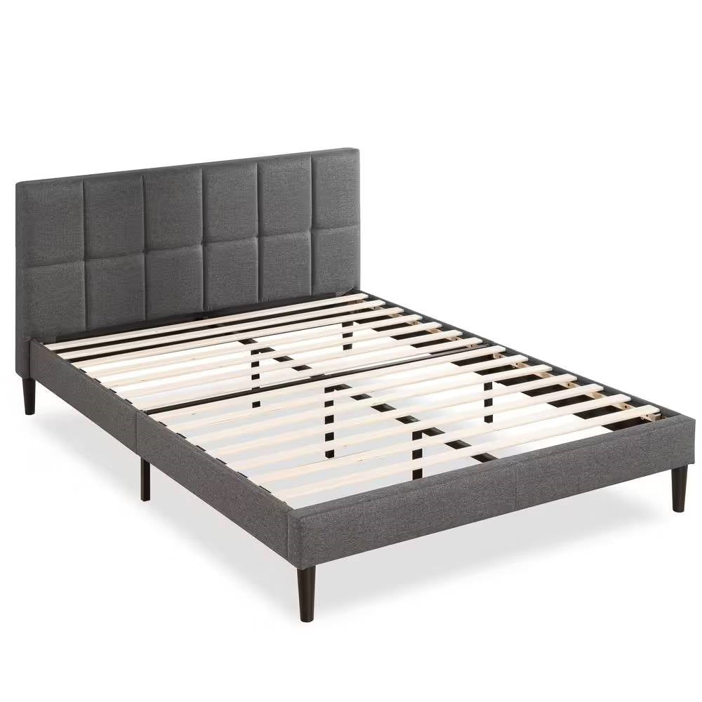 Queen size Grey Upholstered Platform Bed Frame with Padded Headboard-0
