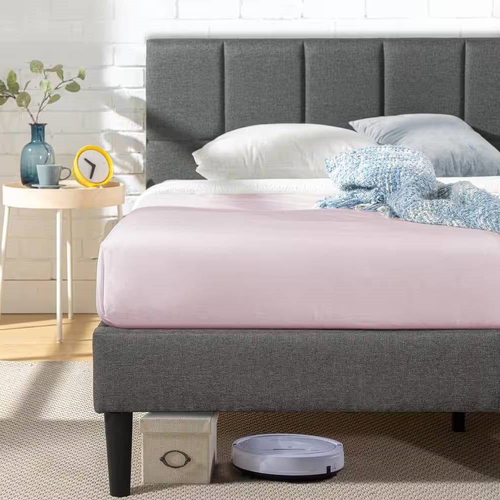 Queen size Grey Upholstered Platform Bed Frame with Padded Headboard-3