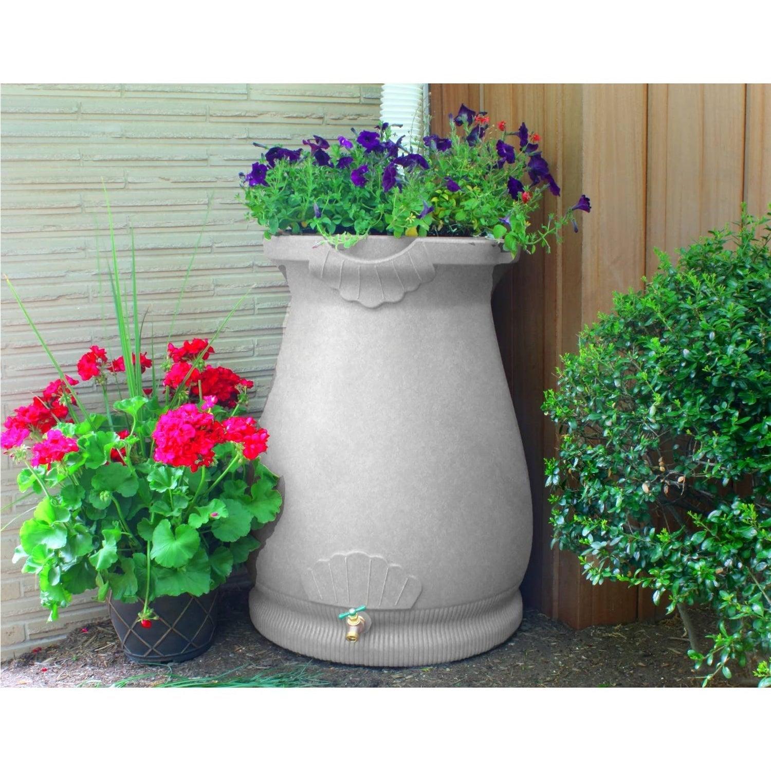 Light Grey Granite 65 Gallon Plastic Urn Rain Barrel with Planter Top - PRHOMZ