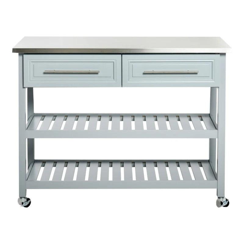 Light Gray Rolling Kitchen Island 2 Drawers Storage with Stainless Steel Top - PRHOMZ