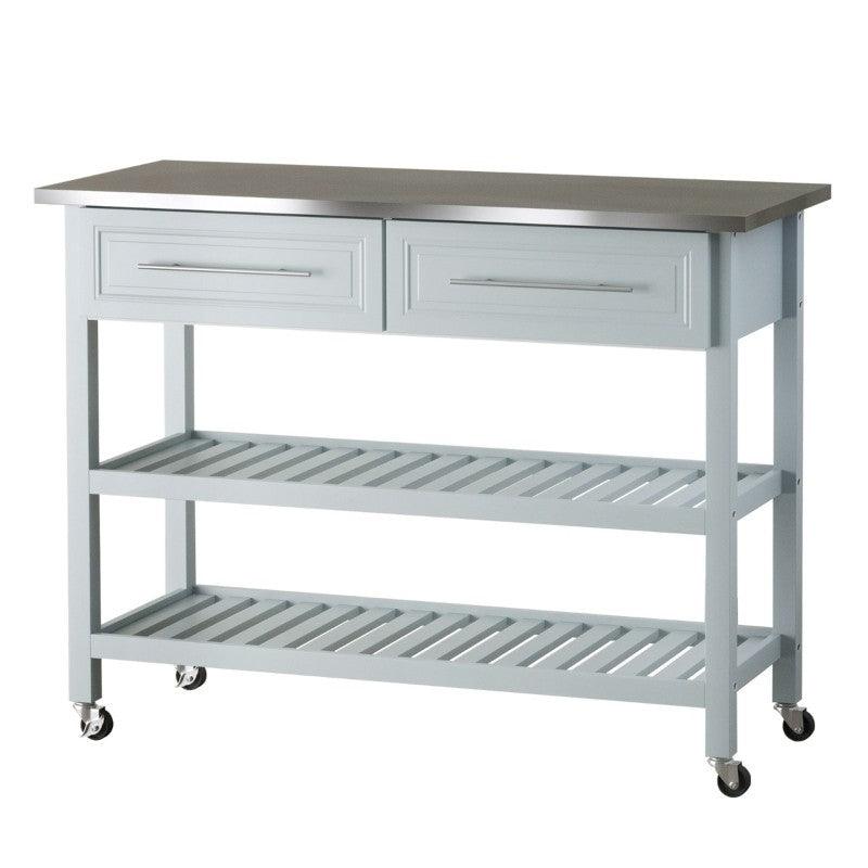 Light Gray Rolling Kitchen Island 2 Drawers Storage with Stainless Steel Top - PRHOMZ