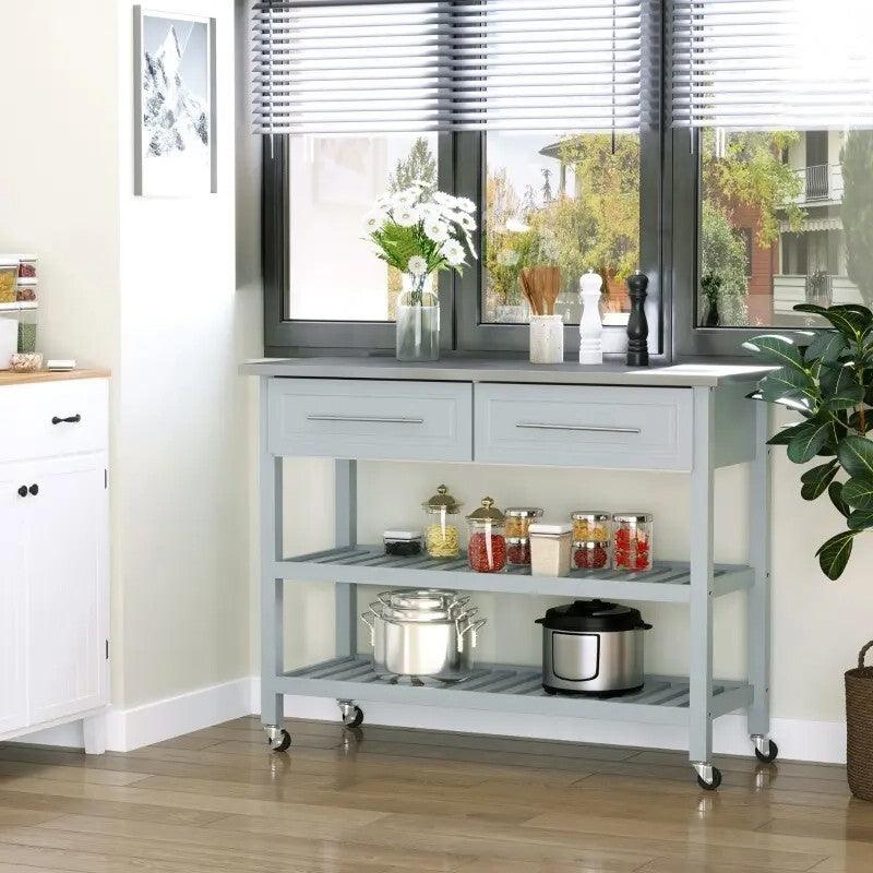 Light Gray Rolling Kitchen Island 2 Drawers Storage with Stainless Steel Top - PRHOMZ