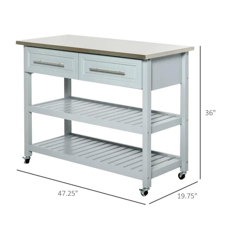 Light Gray Rolling Kitchen Island 2 Drawers Storage with Stainless Steel Top - PRHOMZ
