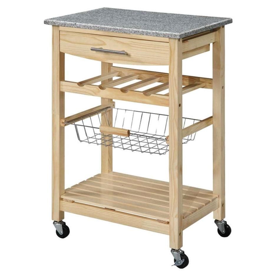Natural Wood Finish Kitchen Island Cart with Granite Top - PRHOMZ