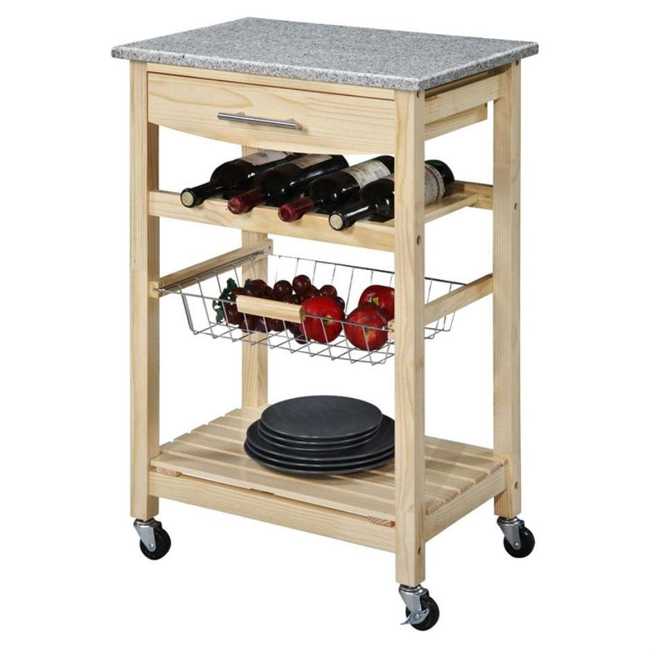 Natural Wood Finish Kitchen Island Cart with Granite Top - PRHOMZ