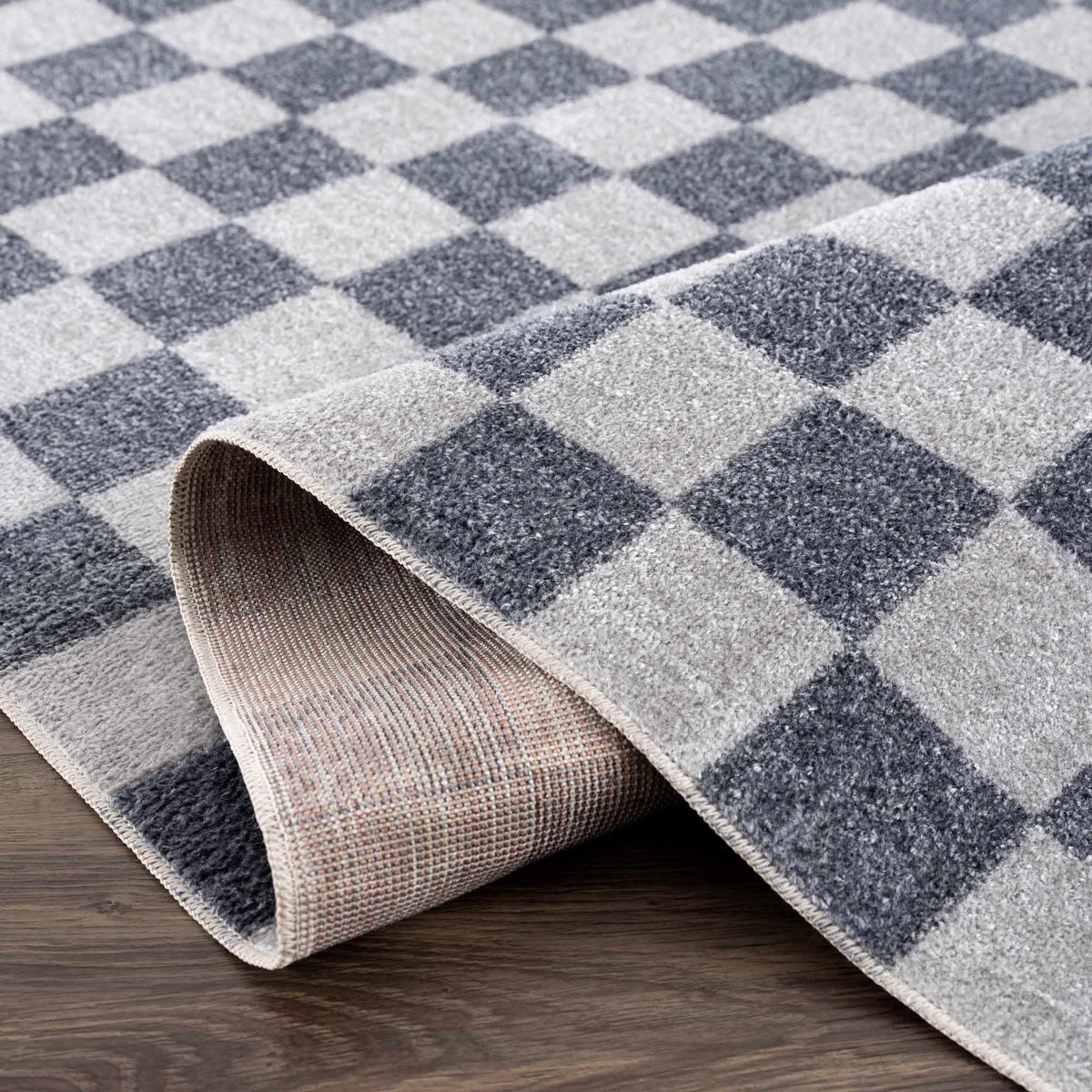 Alie Blue Gray Checkered Washable Rug