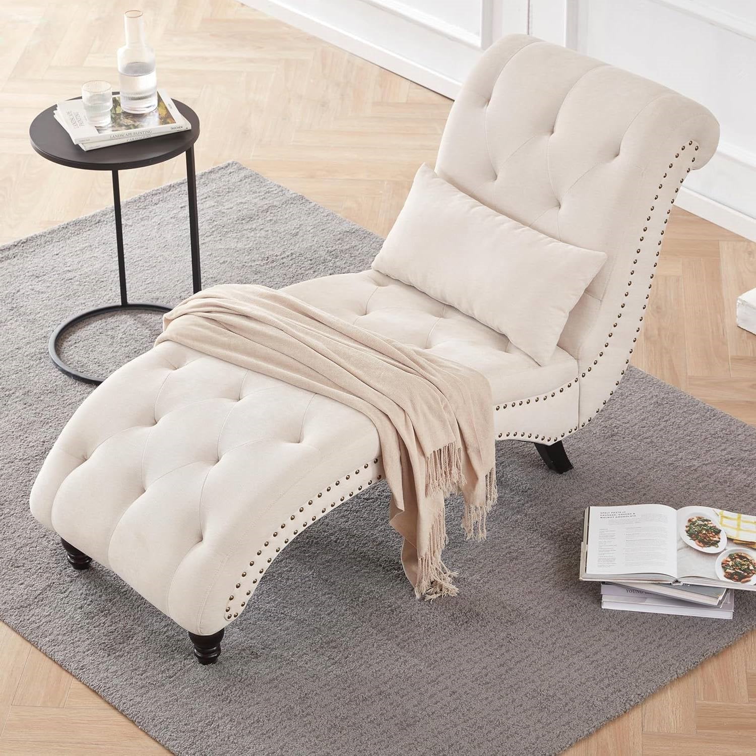 Cream Beige Linen Upholstered Armless Chaise Lounge Chair with Pillow-2