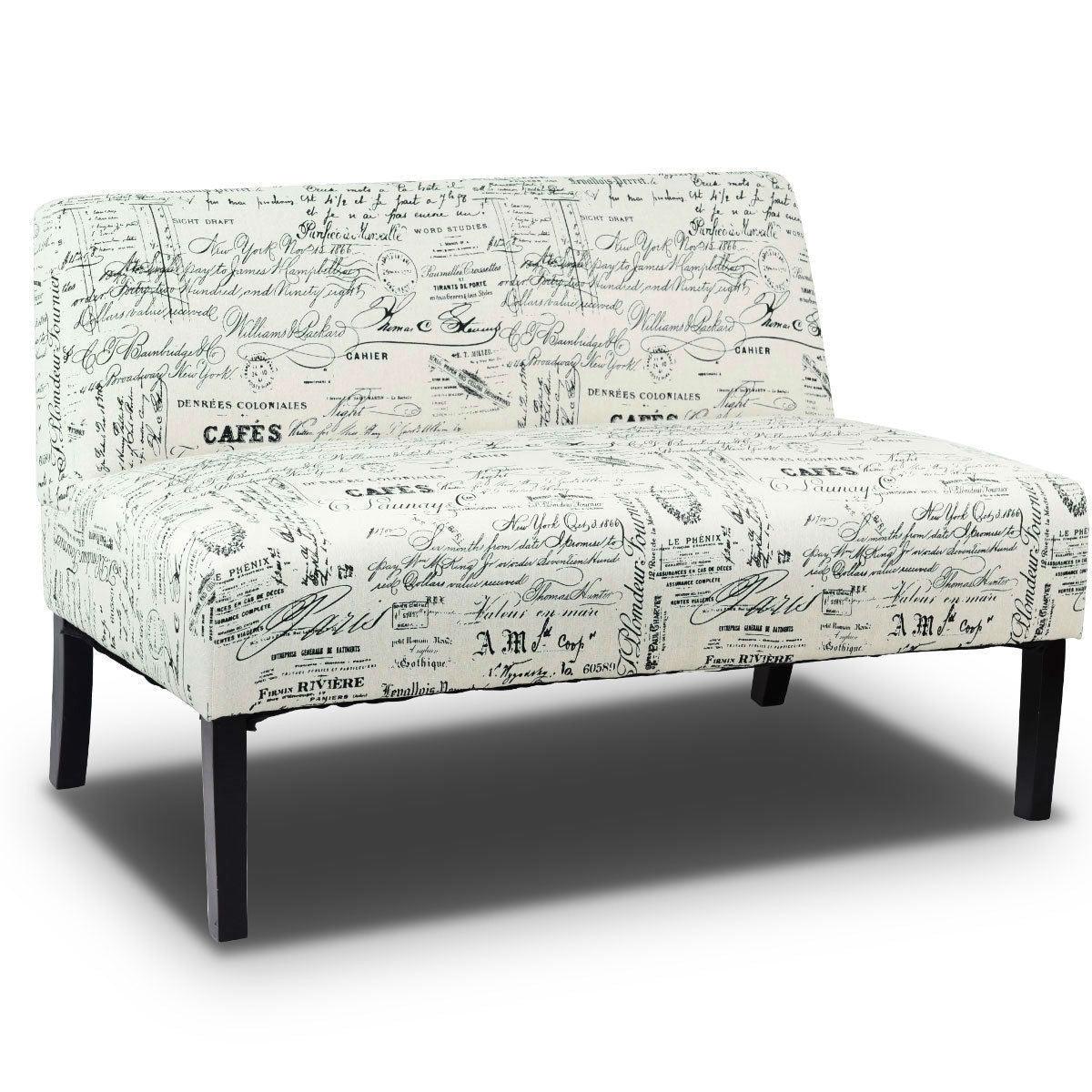 Modern Loveseat Sofa with Off-White Cursive Pattern Upholstery and Black Wood Legs - PRHOMZ