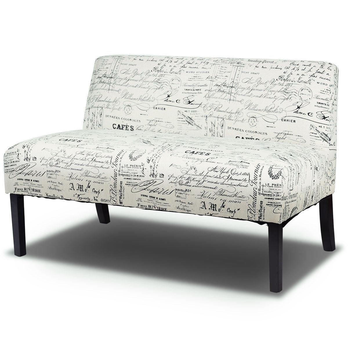 Modern Loveseat Sofa with Off-White Cursive Pattern Upholstery and Black Wood Legs - PRHOMZ