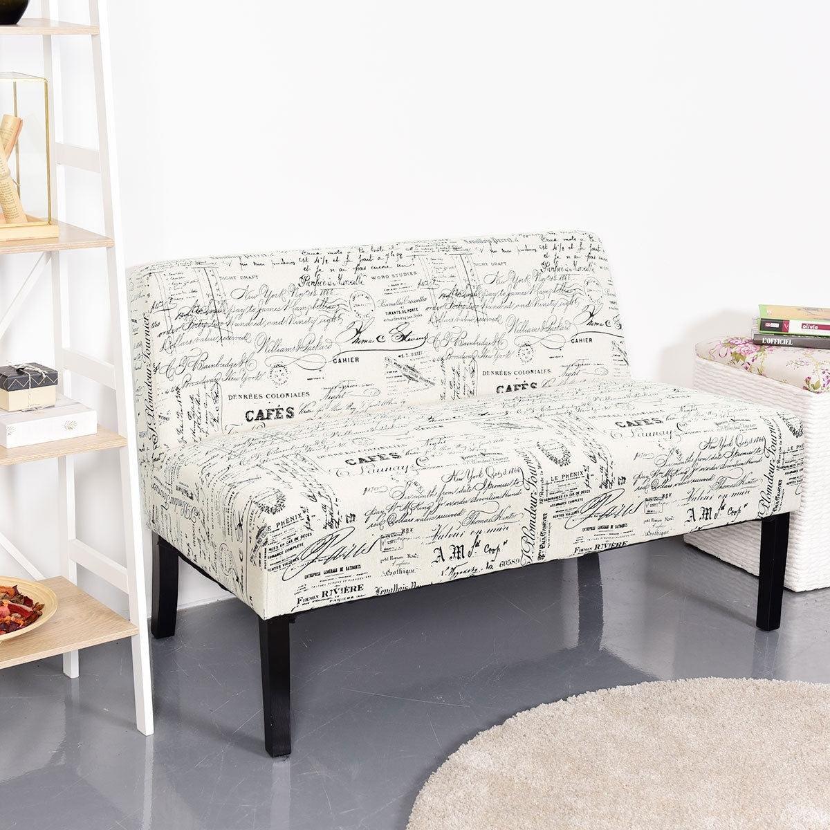 Modern Loveseat Sofa with Off-White Cursive Pattern Upholstery and Black Wood Legs - PRHOMZ