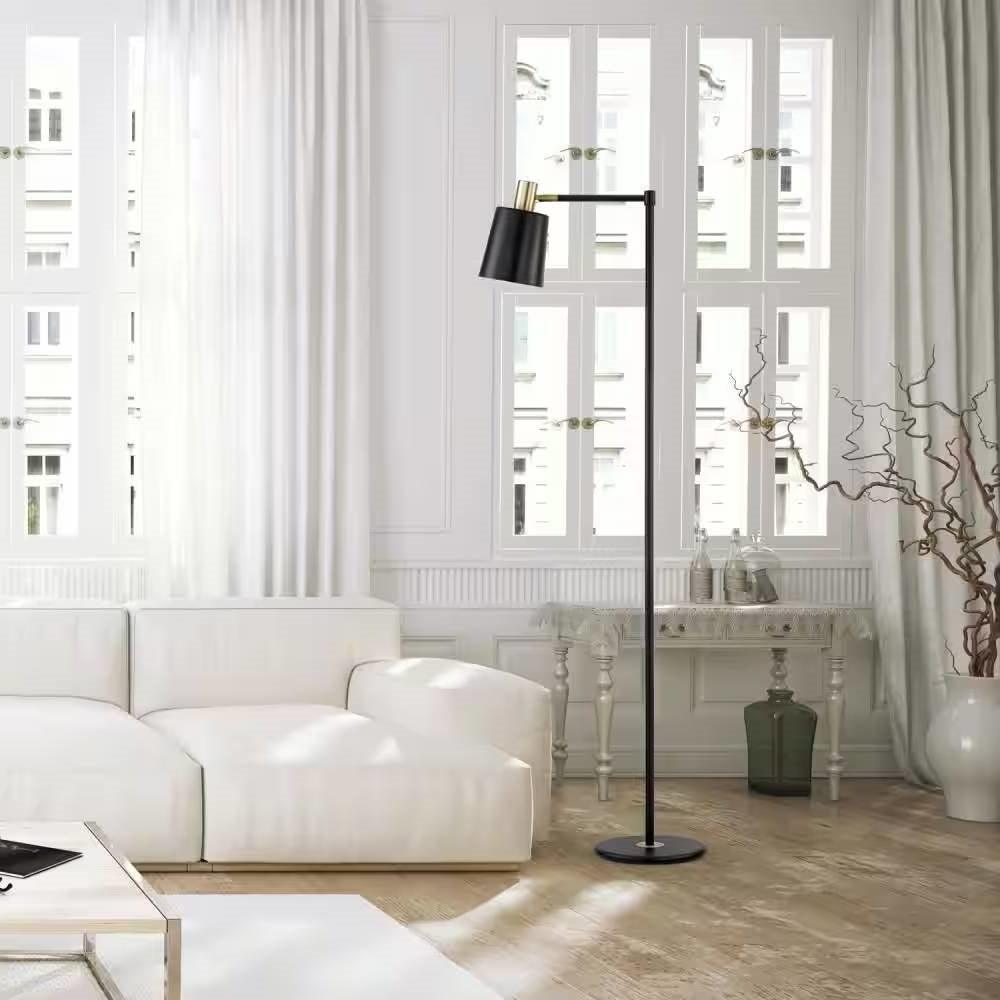 60-inch Industrial Modern Black Metal Floor Lamp with Gold Accents - PRHOMZ