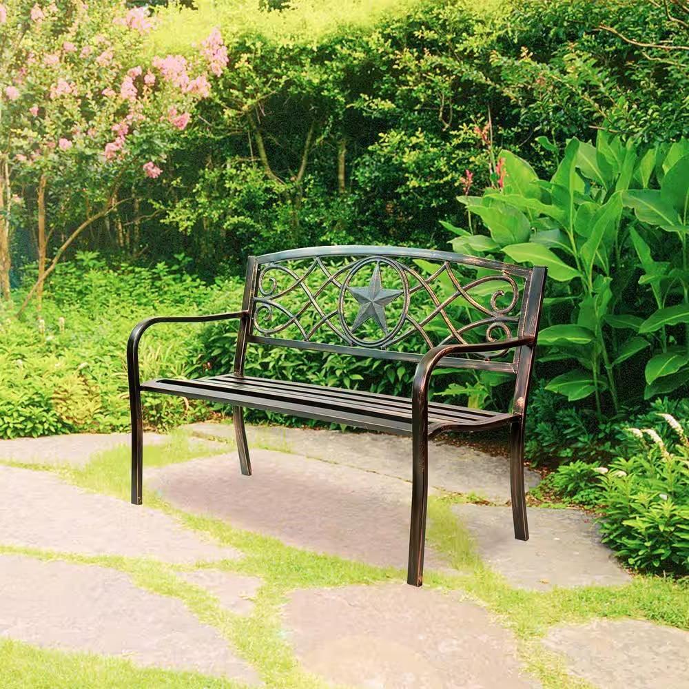Powder Coated Steel 4-ft. Outdoor Patio Garden Bench in Bronze Metal Finish - PRHOMZ