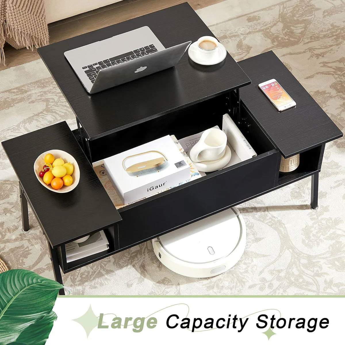 Modern Lift-Top Coffee Table Laptop Desk with Storage Shelf in Black Wood Finish-1