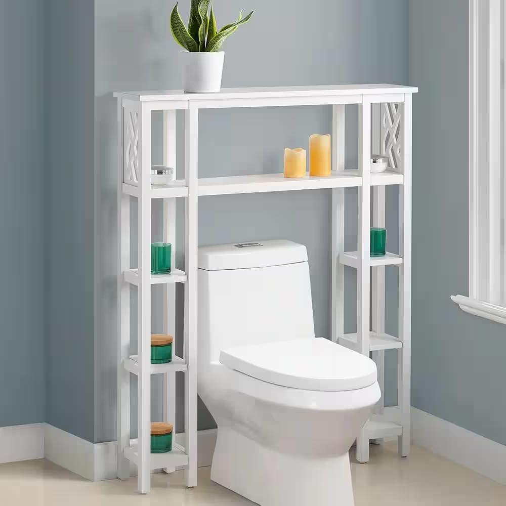 Over the Toilet Bathroom Shelving Unit with 9-Shelves in White Wood Finish - PRHOMZ