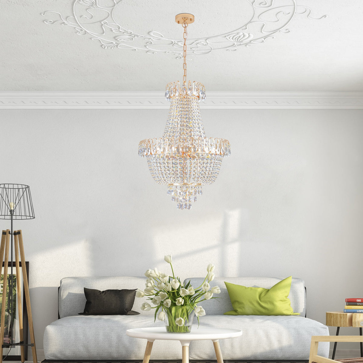 21.7" Large K9 Crystal Chandelier | 10-Light Gold Luxury Pendant with Adjustable Height 40"–71" — Living Room, Foyer & Staircase