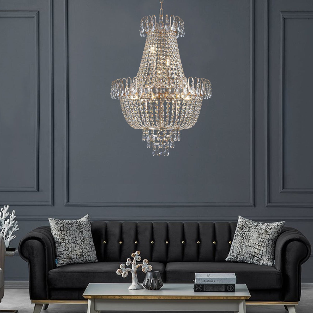 21.7" Large K9 Crystal Chandelier | 10-Light Gold Luxury Pendant with Adjustable Height 40"–71" — Living Room, Foyer & Staircase