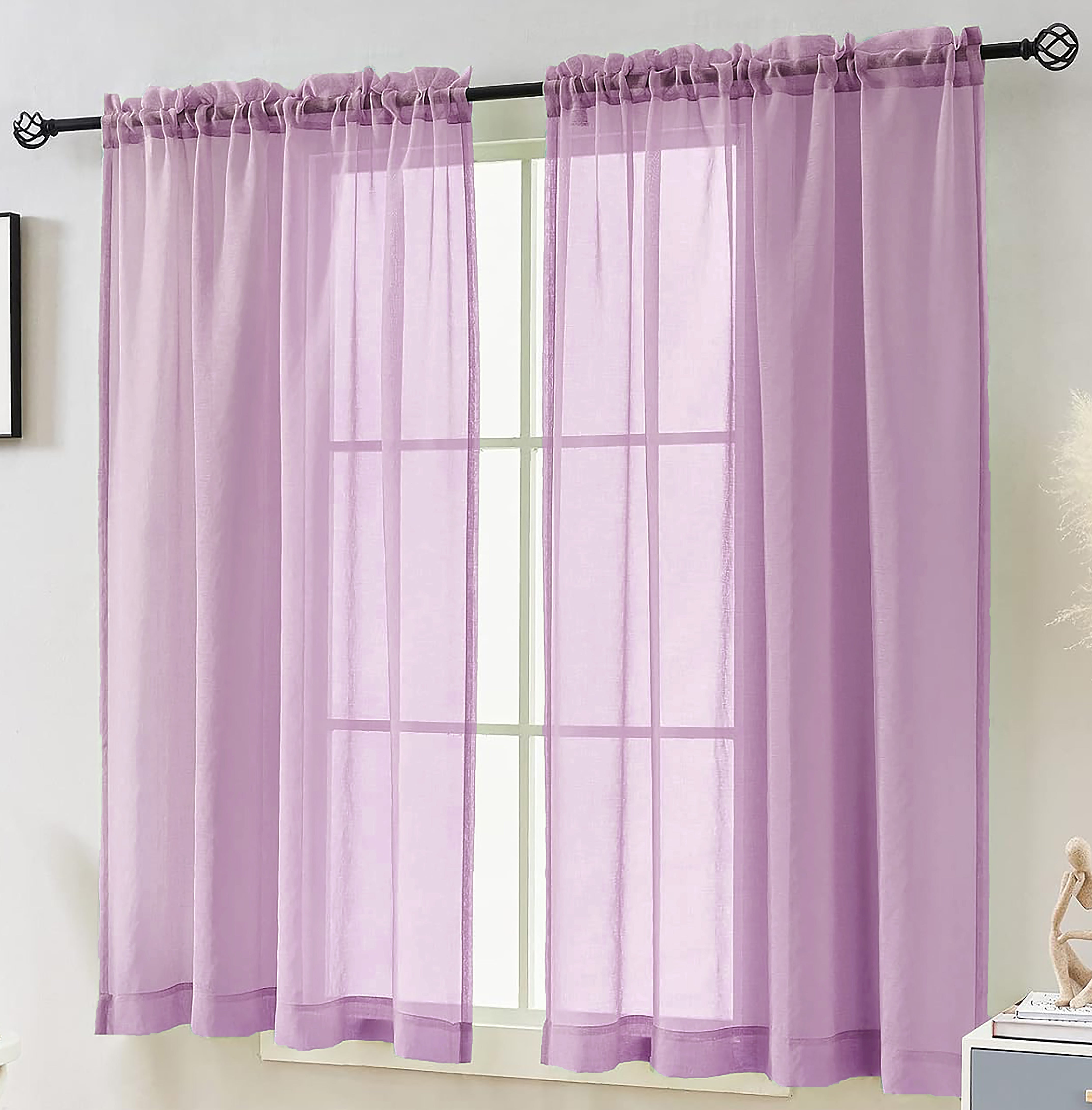 63" Inches Long - Lilac Sheer Window Rod Pocket Curtain Set (2 Panels)