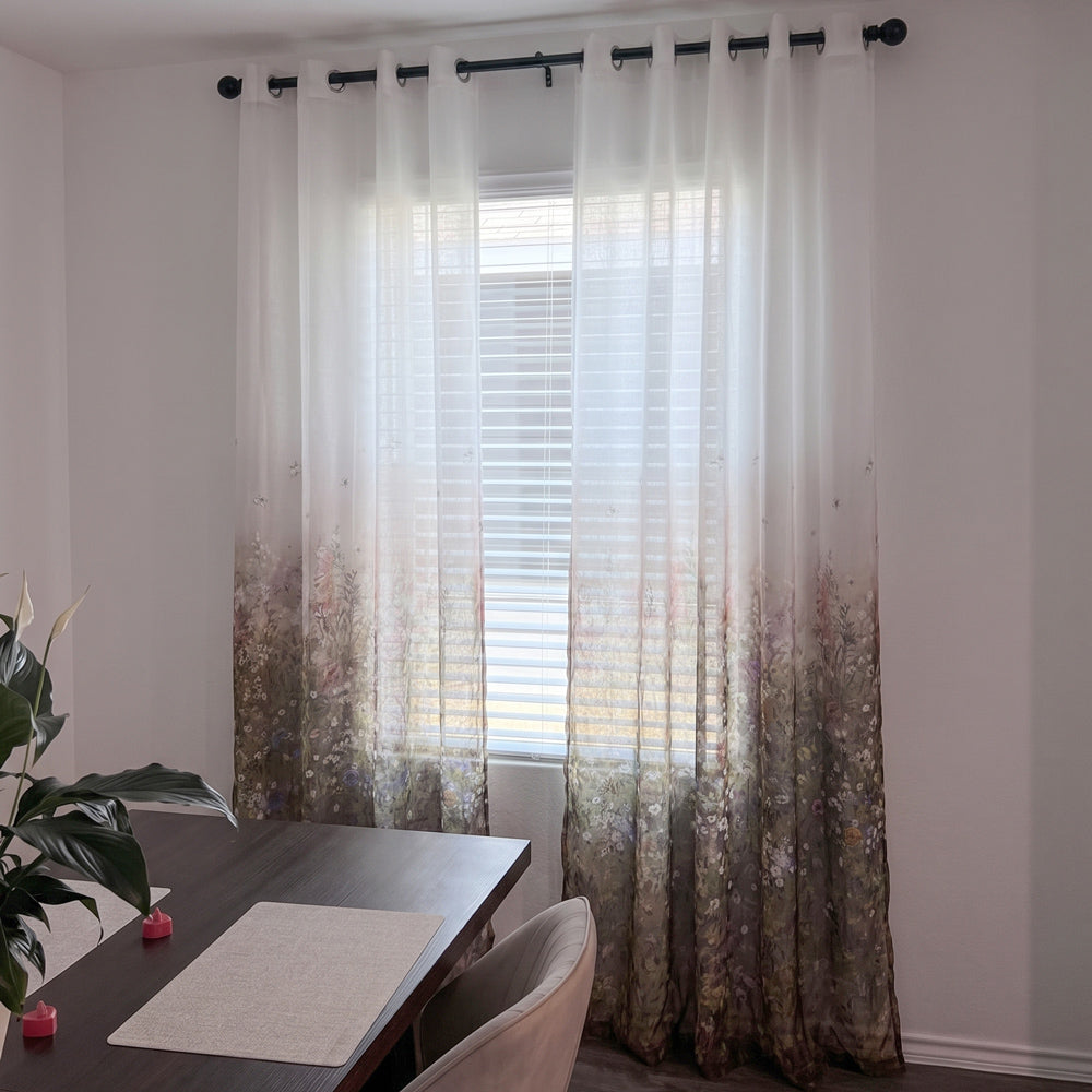 Lucy Botanical Print Border Sheer Curtains