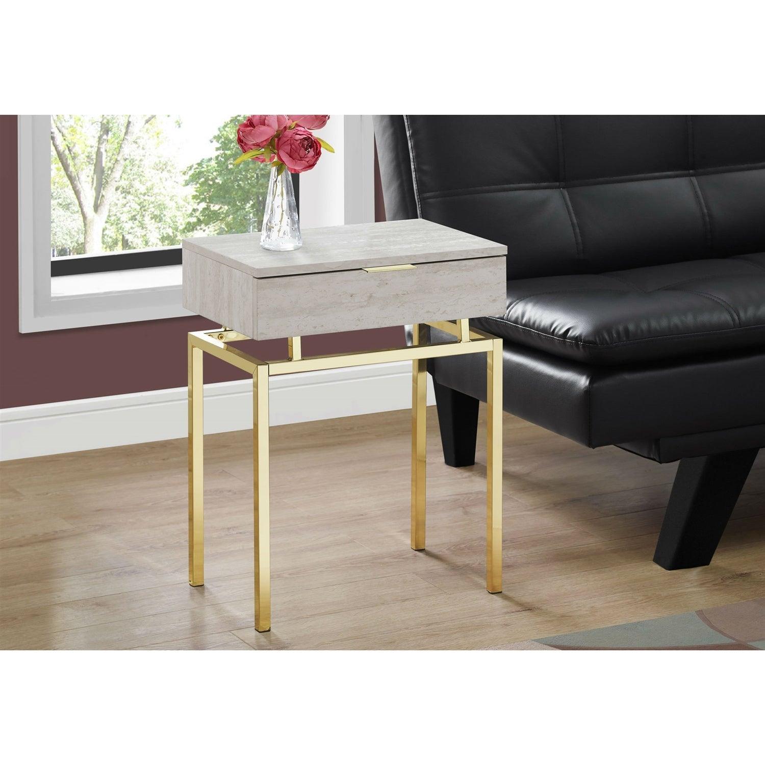 24in Modern End Table 1 Drawer Nightstand Beige Marble Gold Legs - PRHOMZ