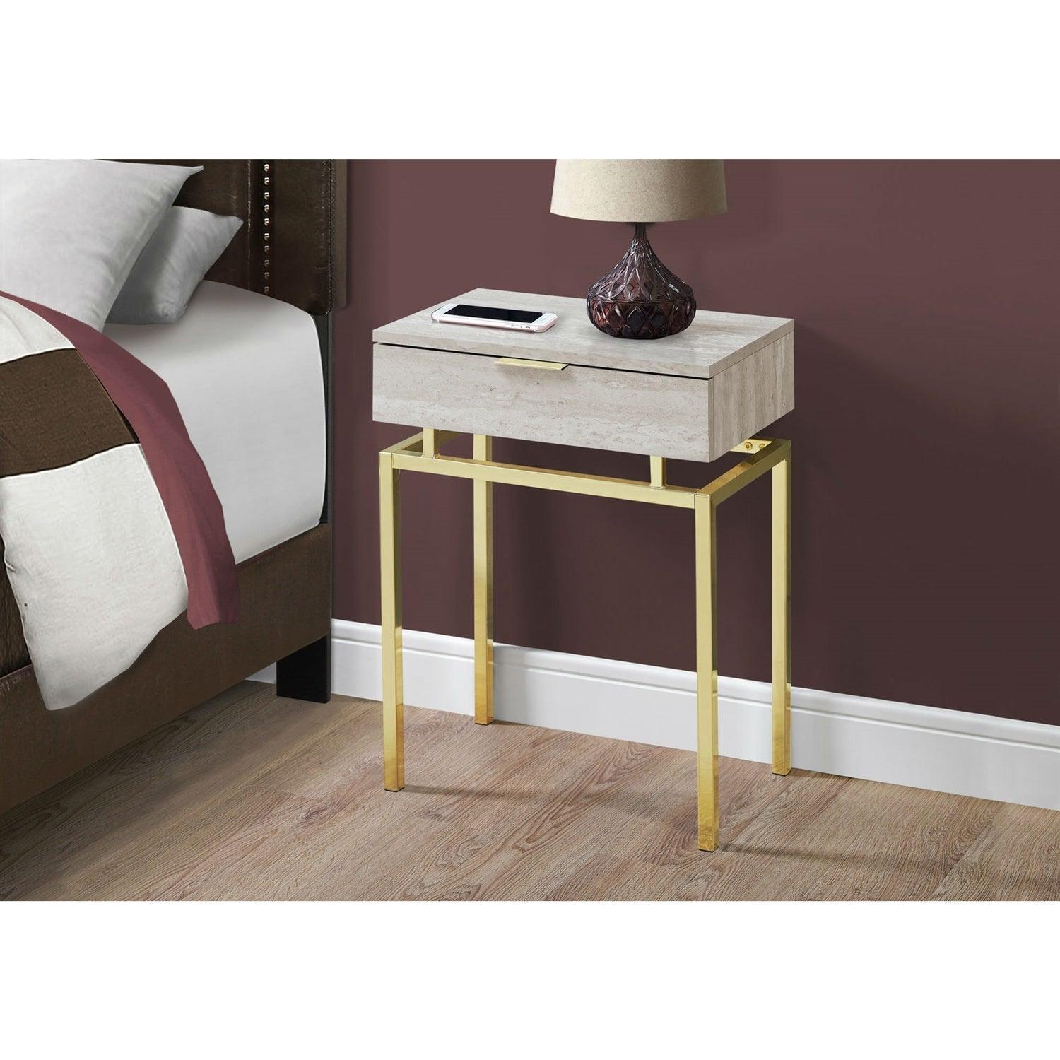 24in Modern End Table 1 Drawer Nightstand Beige Marble Gold Legs - PRHOMZ