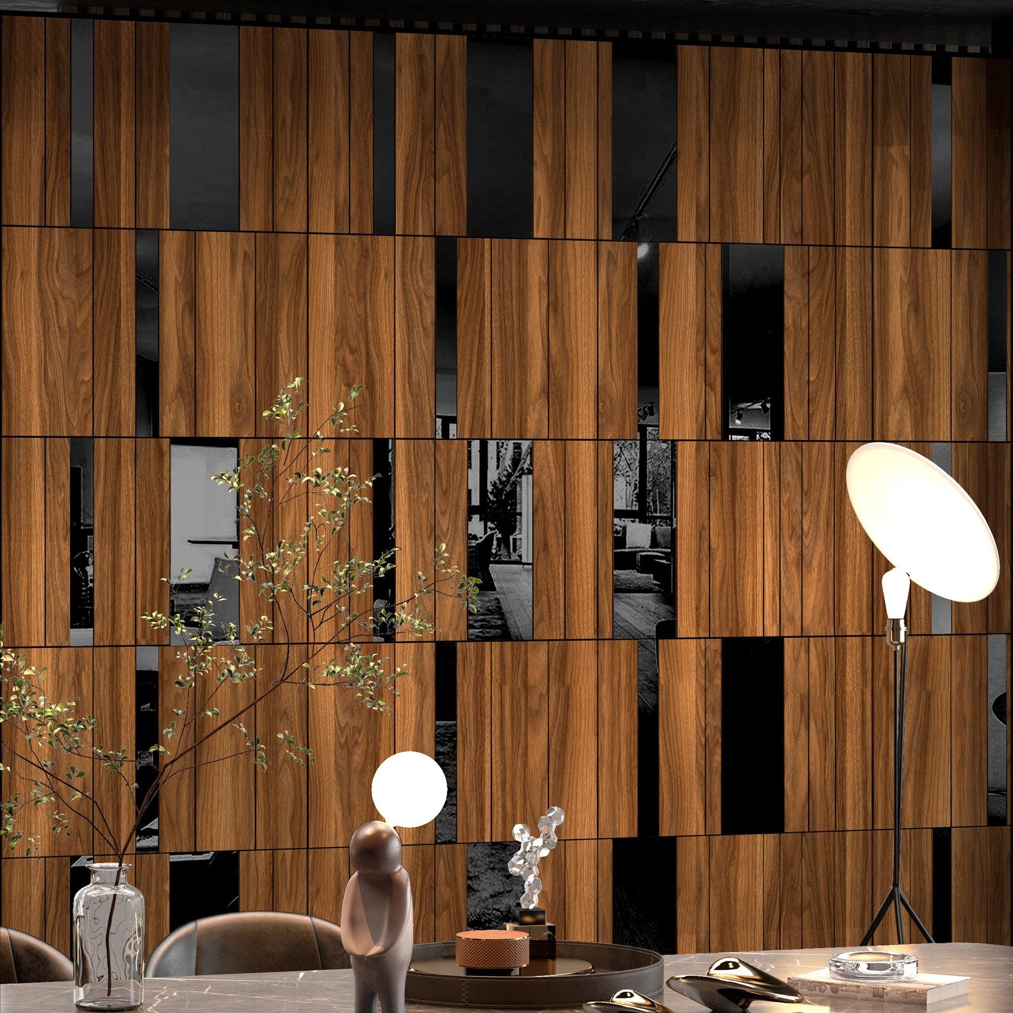 Dark Wood and Black Mirror Gloss 3D Wall Panels - PRHOMZ