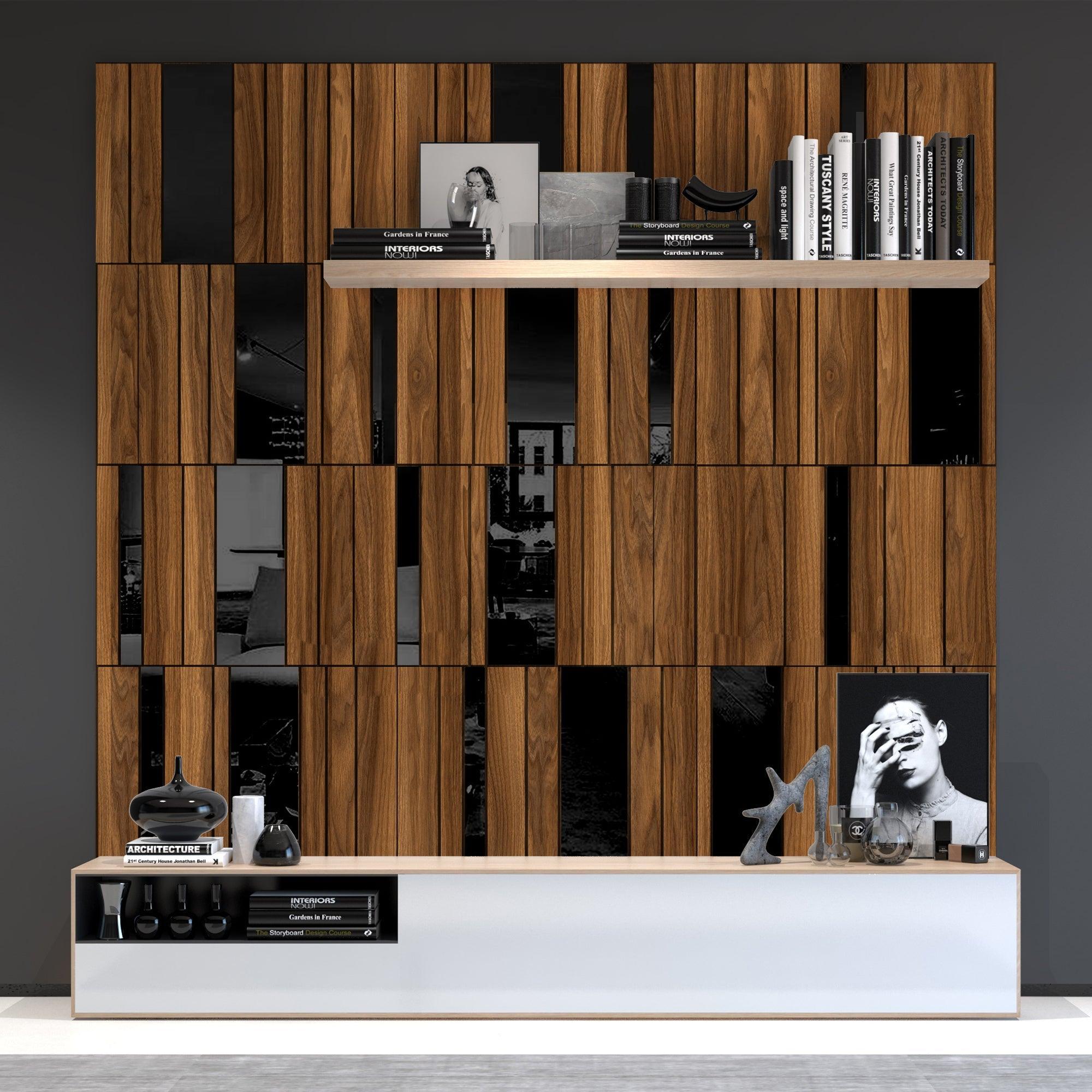 Dark Wood and Black Mirror Gloss 3D Wall Panels - PRHOMZ