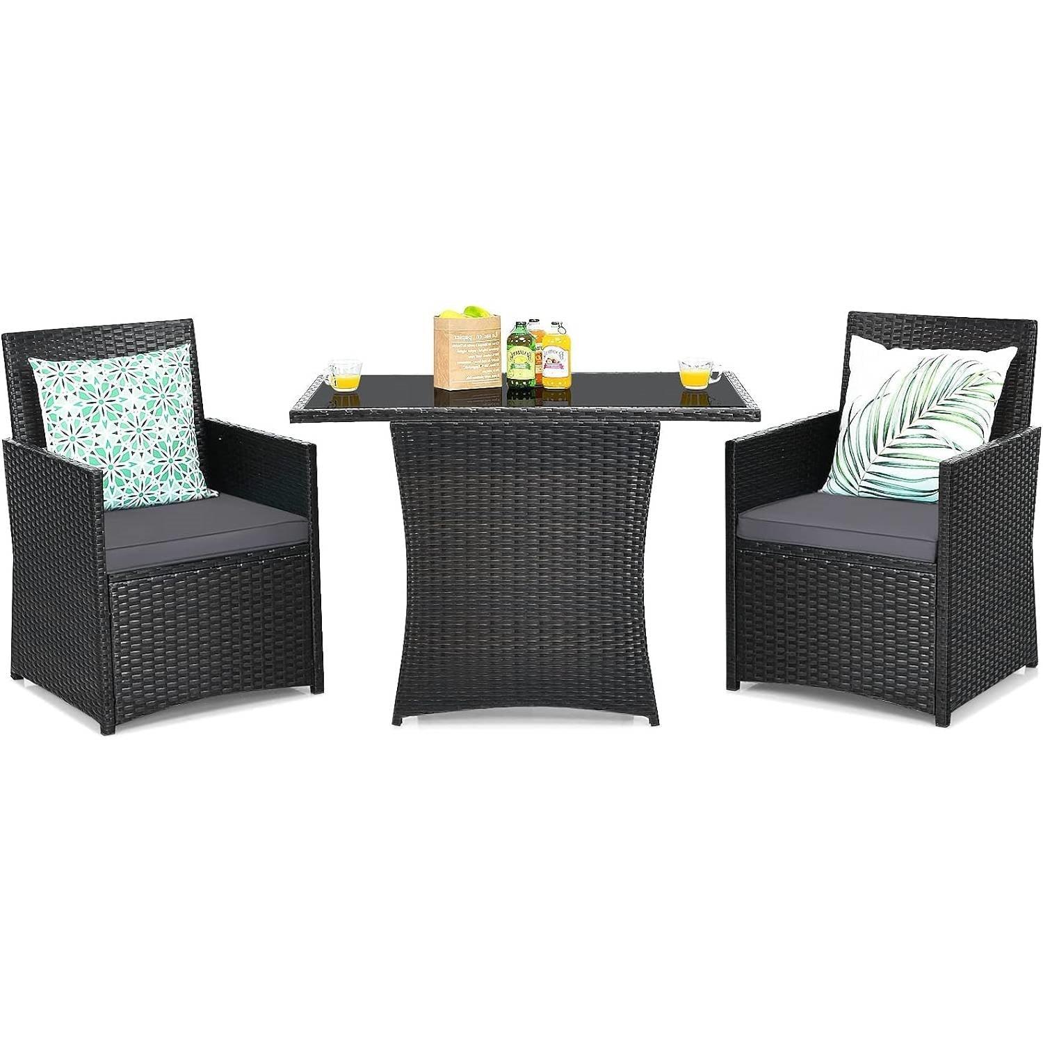 3-Piece Outdoor Patio Furniture Bistro Dining Set in Brown Grey PE Rattan - PRHOMZ