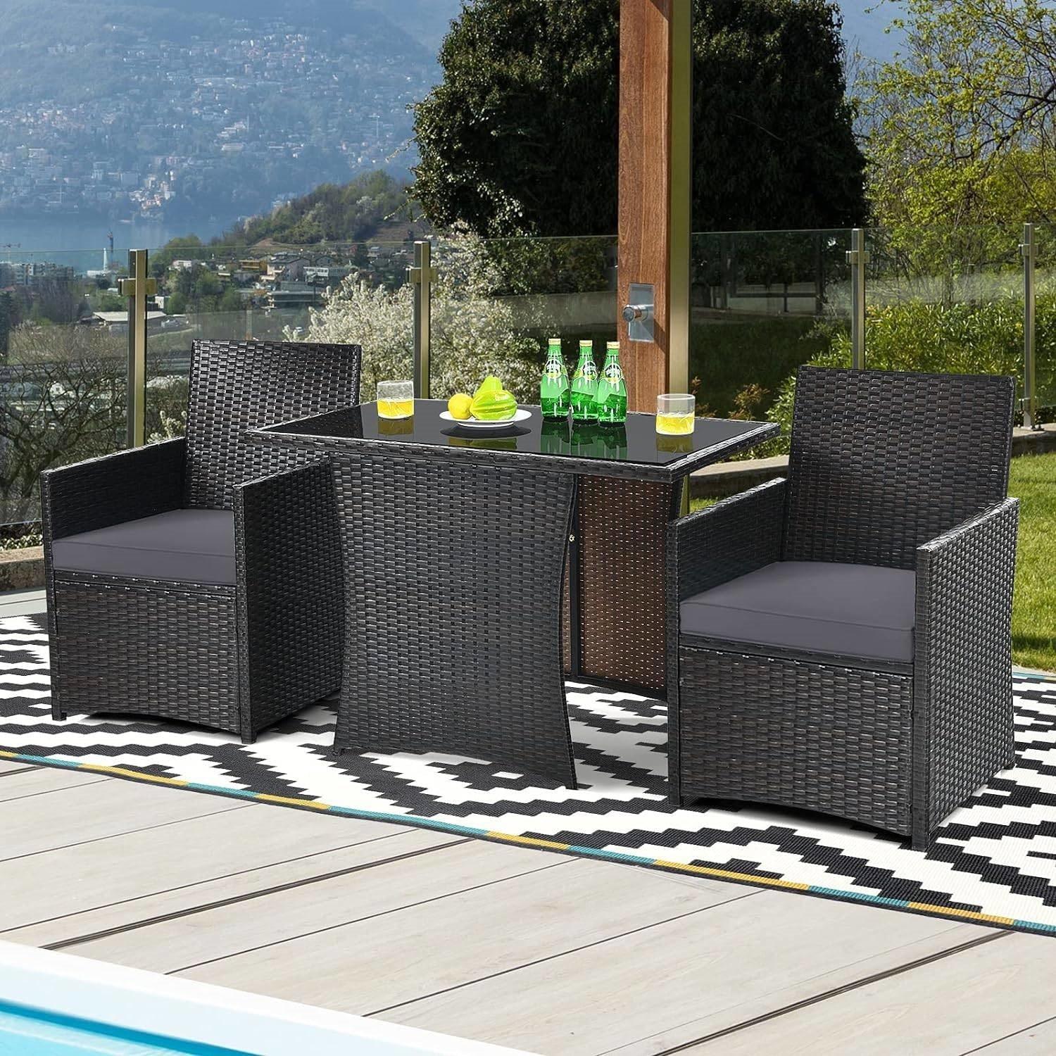 3-Piece Outdoor Patio Furniture Bistro Dining Set in Brown Grey PE Rattan - PRHOMZ