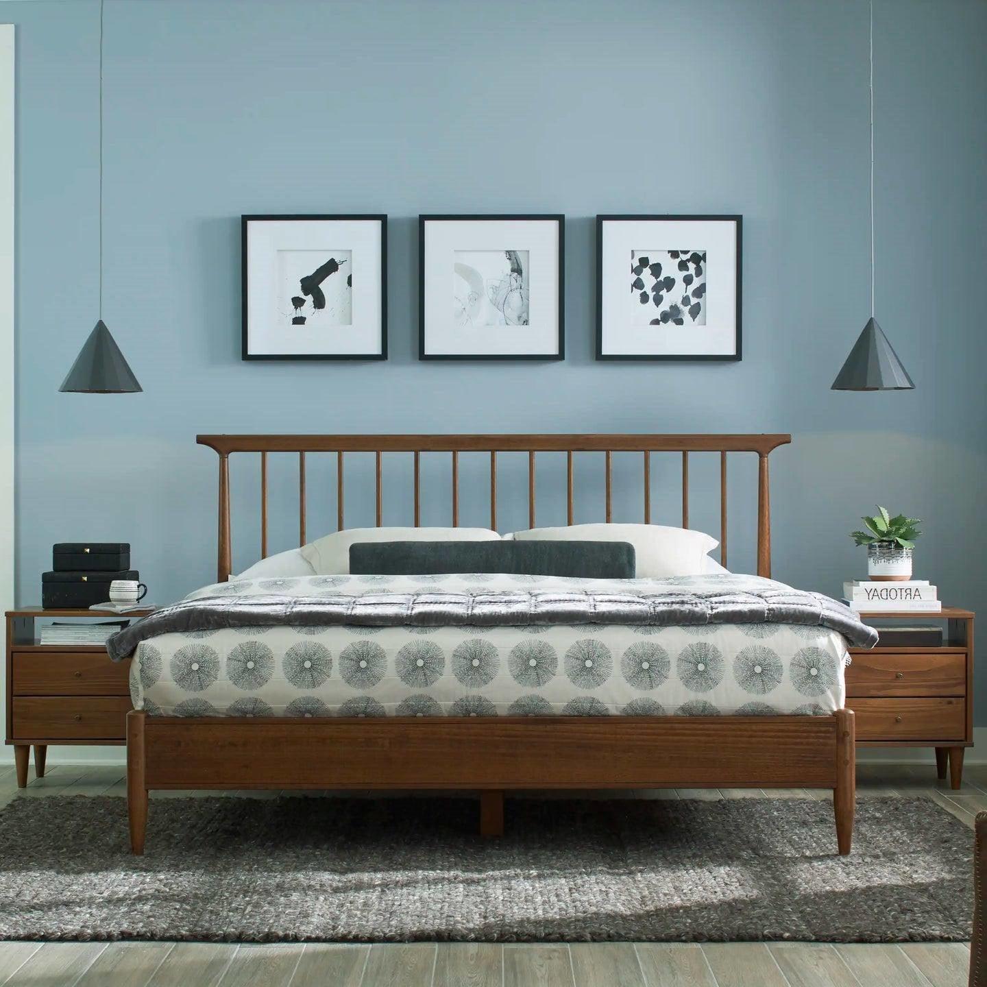 King Size Hardwood Mid Century Platform Bed Frame with Headboard in Walnut - PRHOMZ