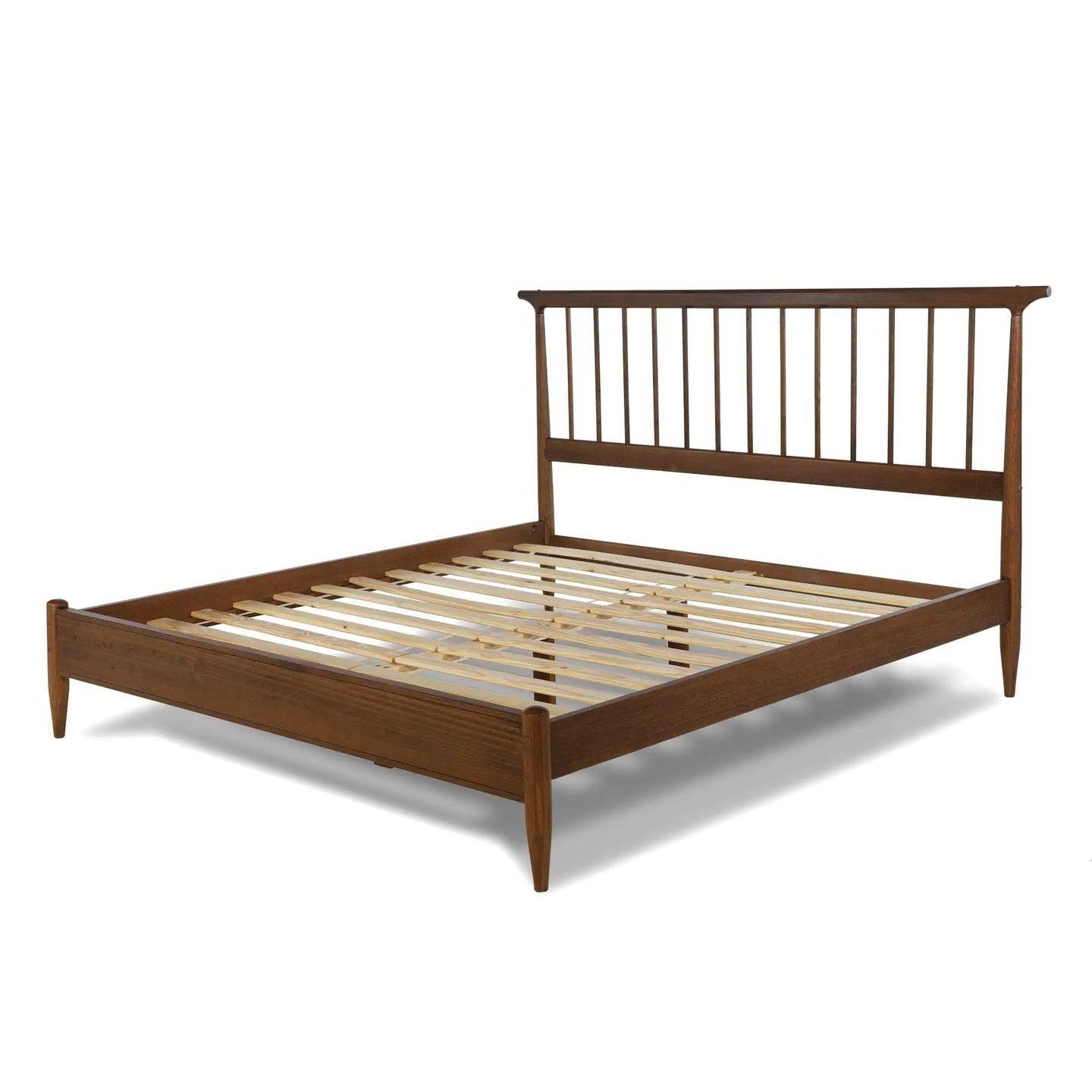 Queen Size Hardwood Mid Century Platform Bed Frame with Headboard in Walnut - PRHOMZ