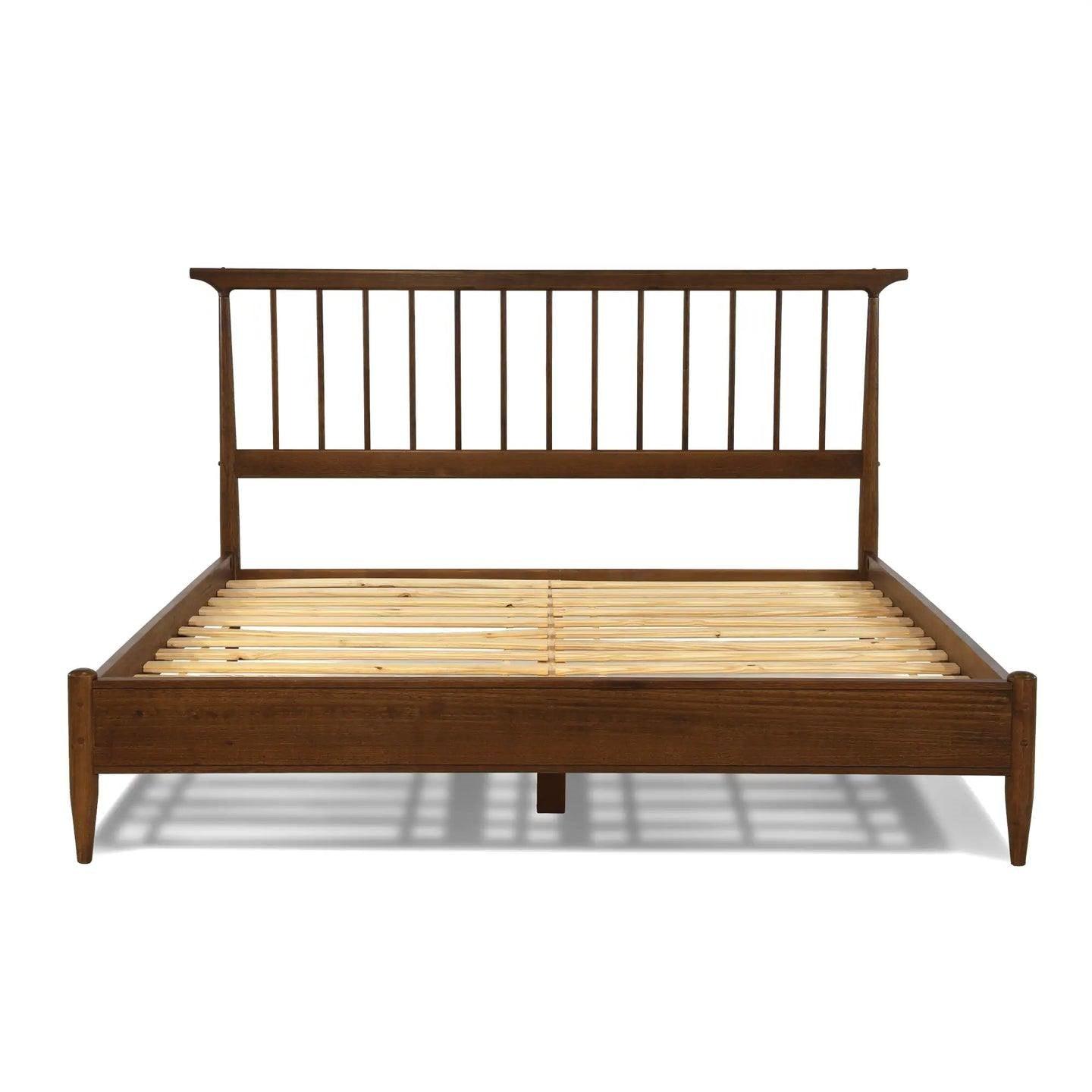 Queen Size Hardwood Mid Century Platform Bed Frame with Headboard in Walnut - PRHOMZ