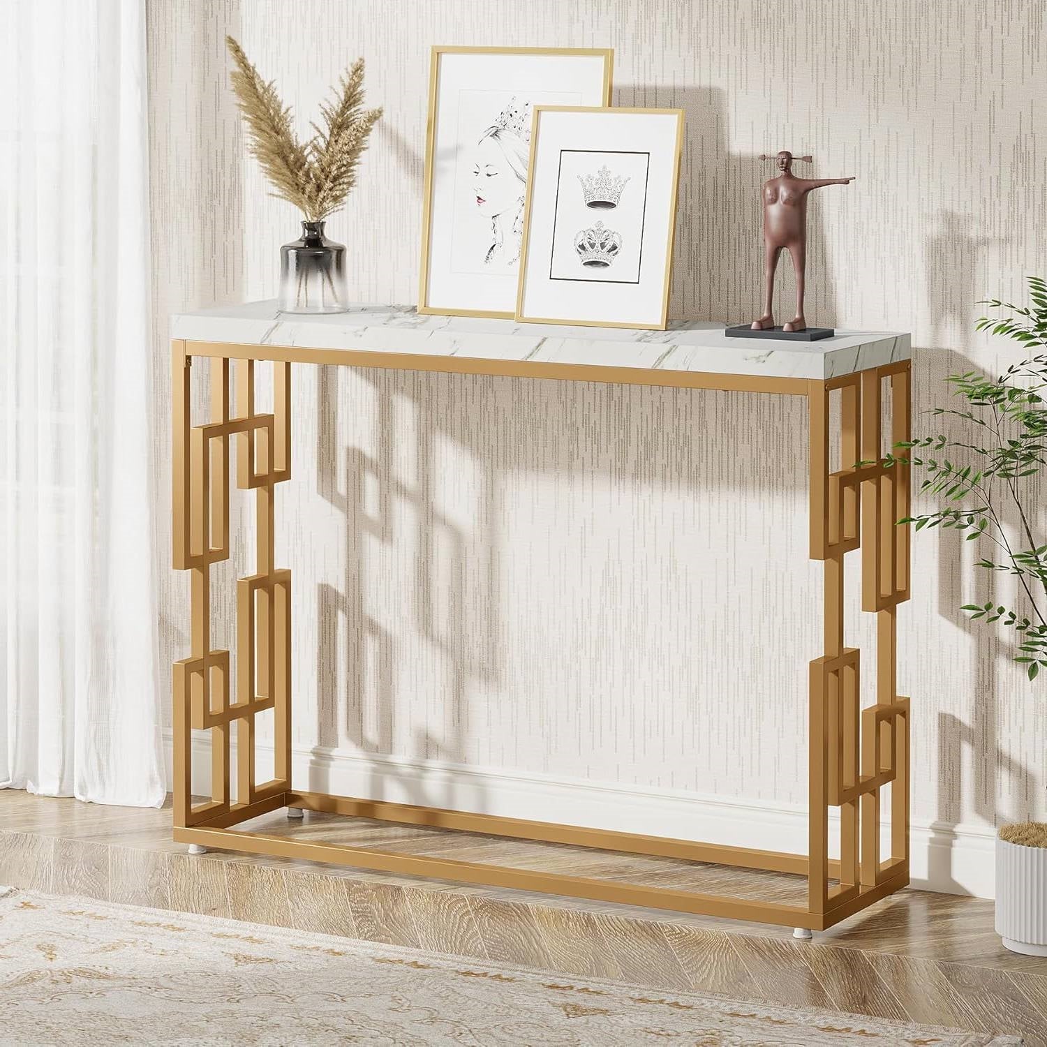 42-inch Modern Console Sofa Table with White Faux Marble Top and Gold Frame-2