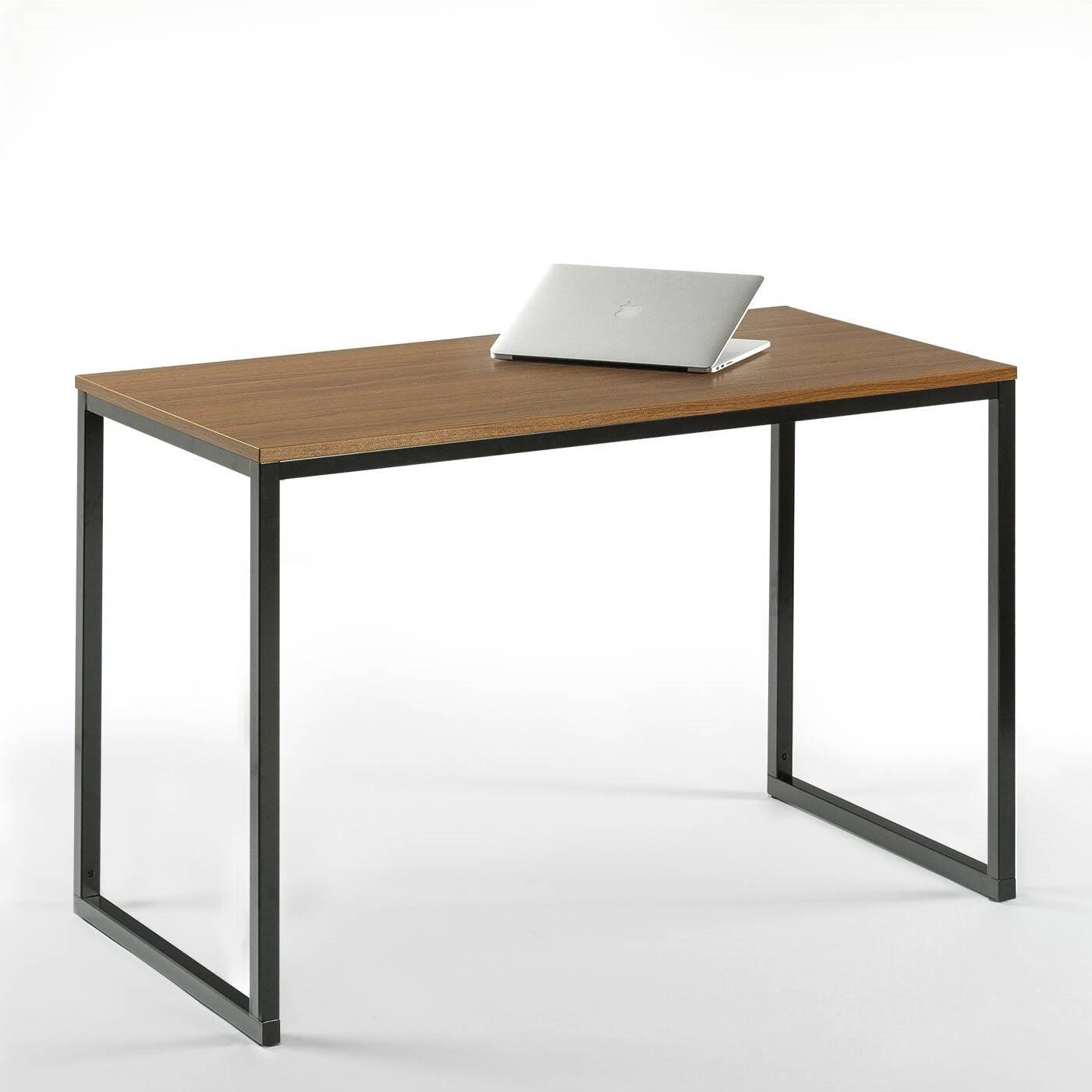 Modern Home Office Desk with Black Metal Frame and Brown Wood Top - PRHOMZ