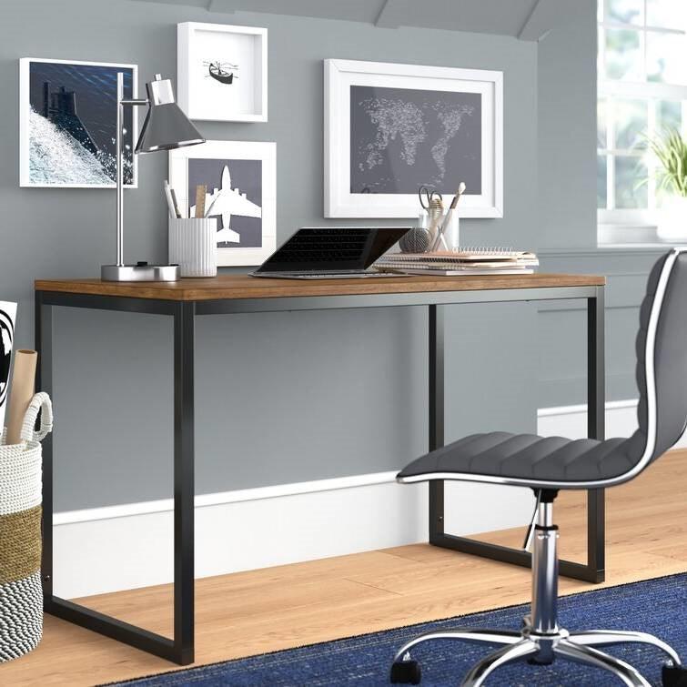 Modern Home Office Desk with Black Metal Frame and Brown Wood Top - PRHOMZ