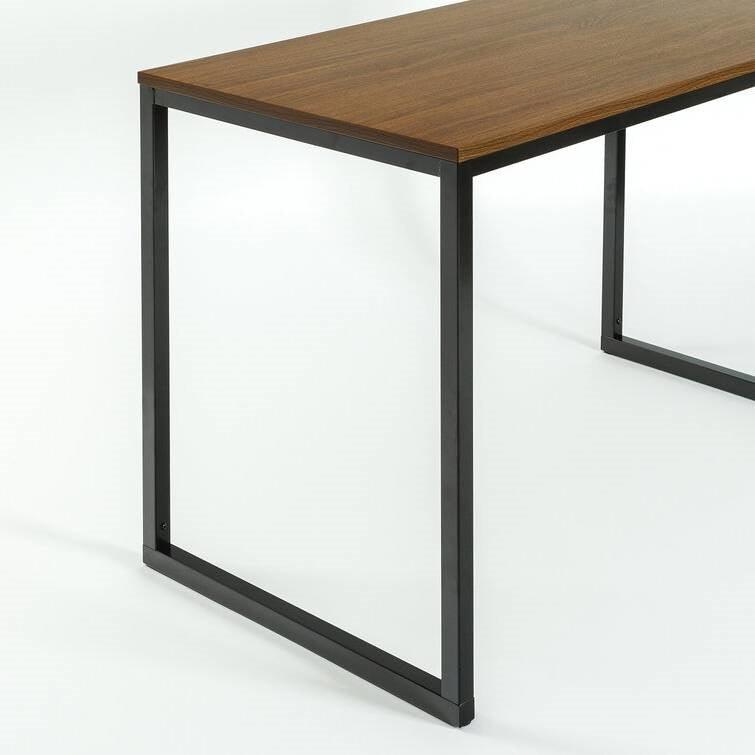 Modern Home Office Desk with Black Metal Frame and Brown Wood Top - PRHOMZ