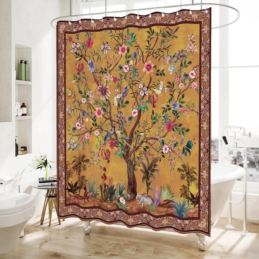 72-inch Brown Red Orange Green Floral Tree Birds Plants Flowers Shower Curtain - PRHOMZ