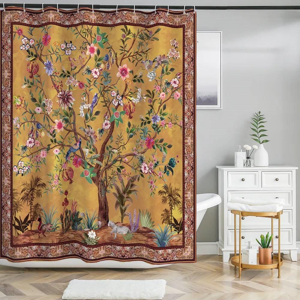 72-inch Brown Red Orange Green Floral Tree Birds Plants Flowers Shower Curtain - PRHOMZ