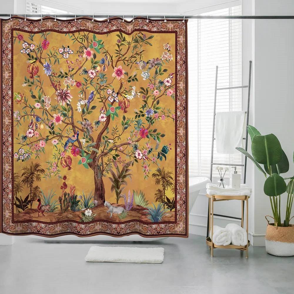 72-inch Brown Red Orange Green Floral Tree Birds Plants Flowers Shower Curtain - PRHOMZ