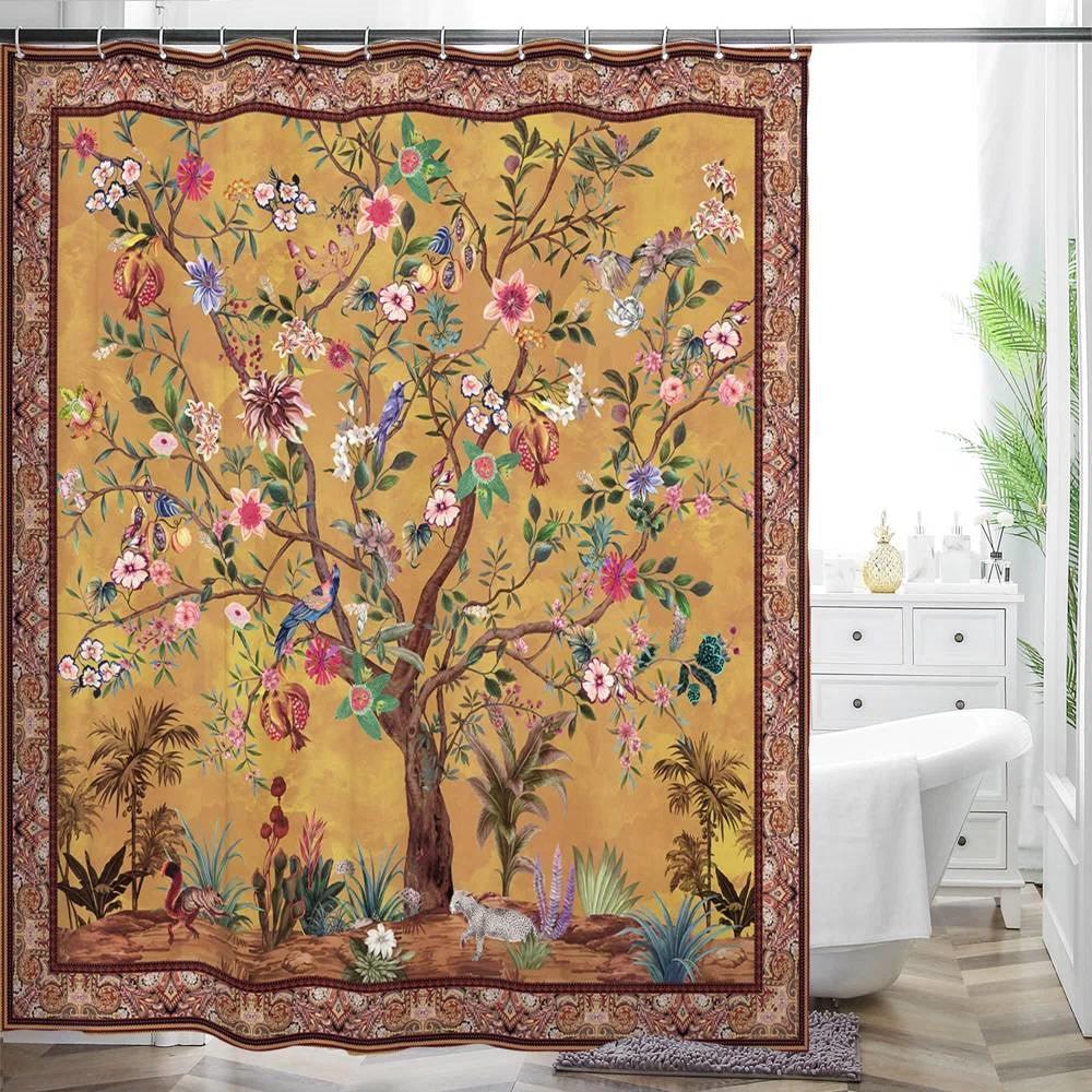 72-inch Brown Red Orange Green Floral Tree Birds Plants Flowers Shower Curtain - PRHOMZ