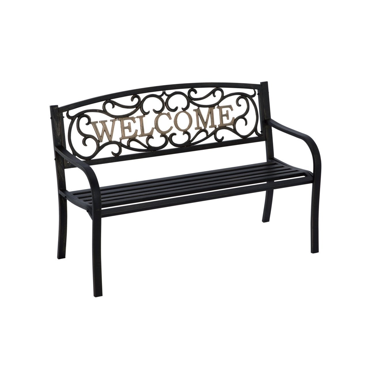 Cast Iron Welcome Park Bench Outdoor Patio Garden in Black Bronze-0