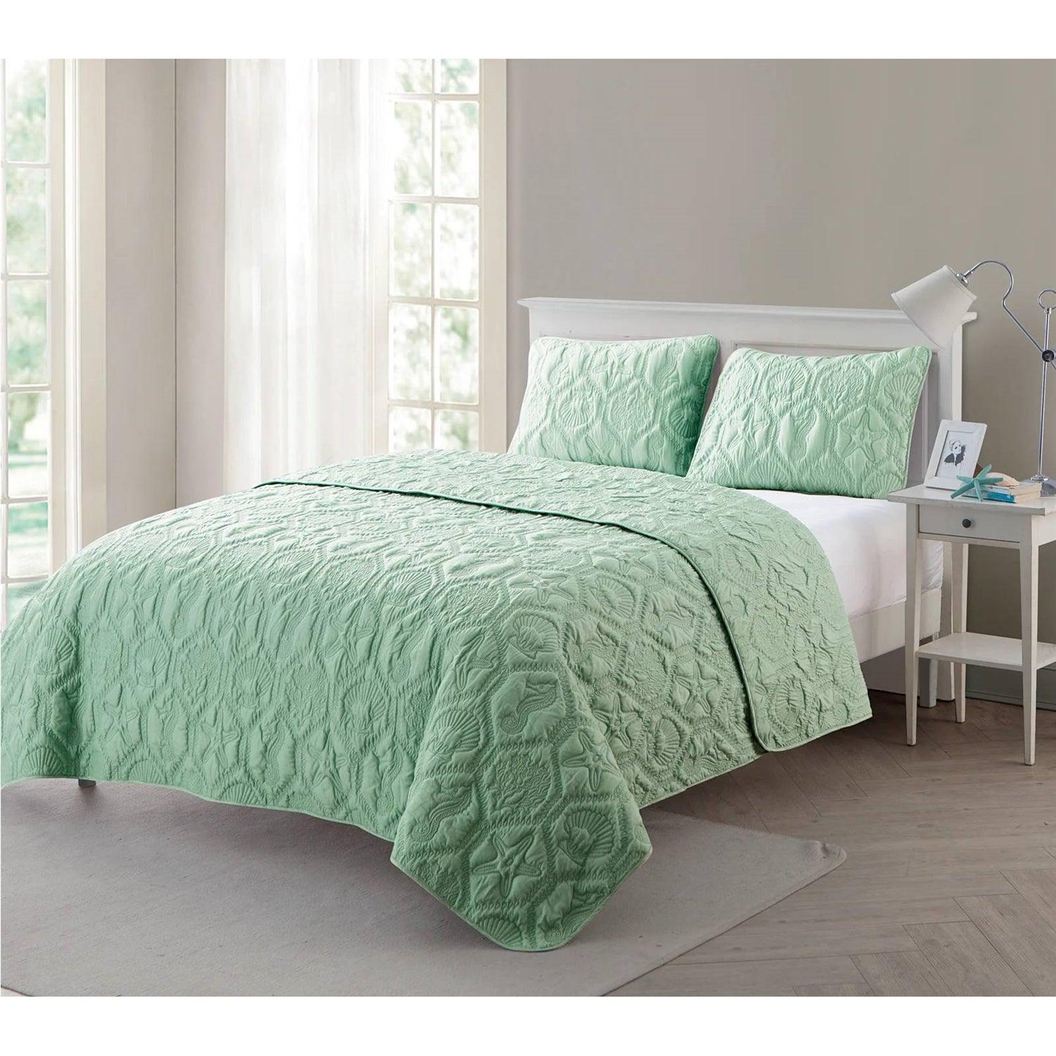 Queen Coastal Beach Starfish Seashell Seahorse Light Green Teal Quilt Set - PRHOMZ