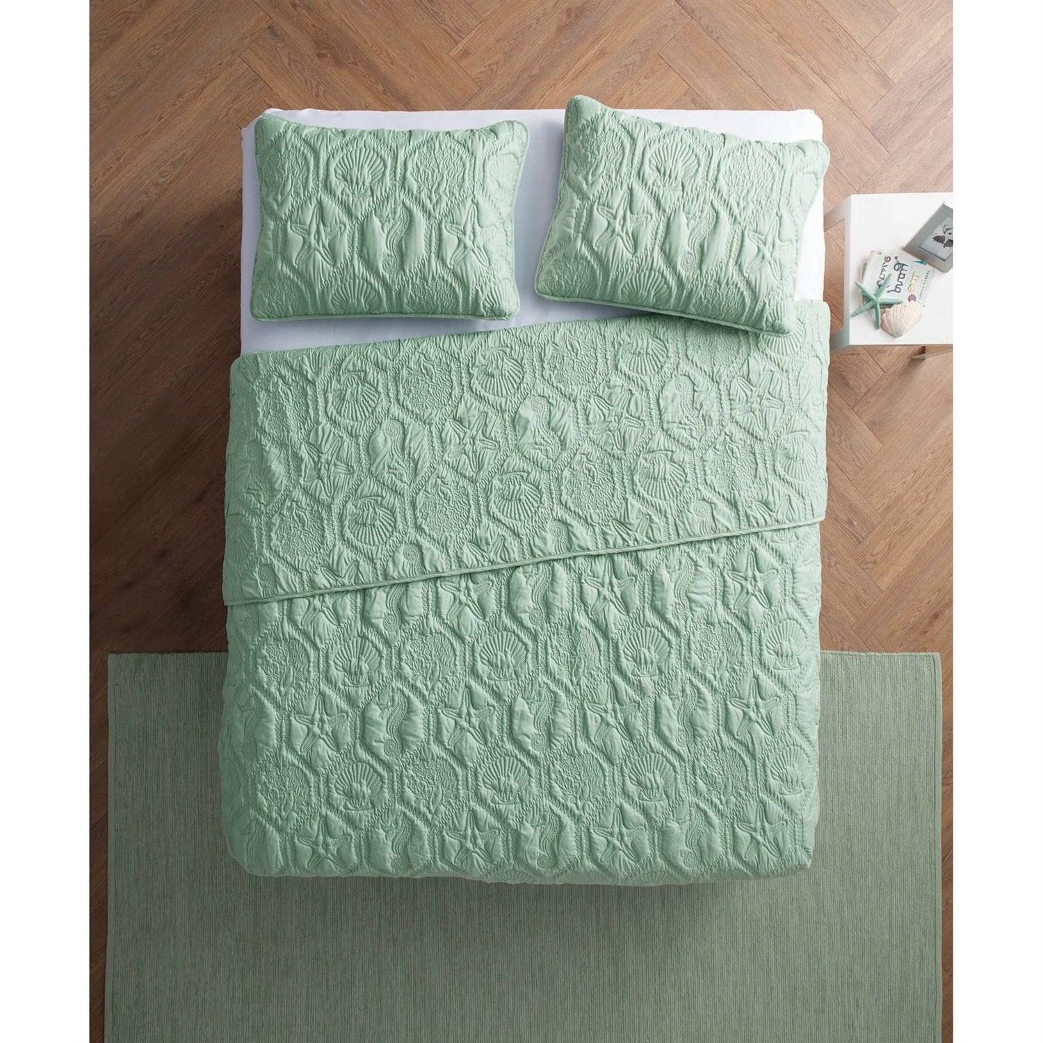 Queen Coastal Beach Starfish Seashell Seahorse Light Green Teal Quilt Set - PRHOMZ