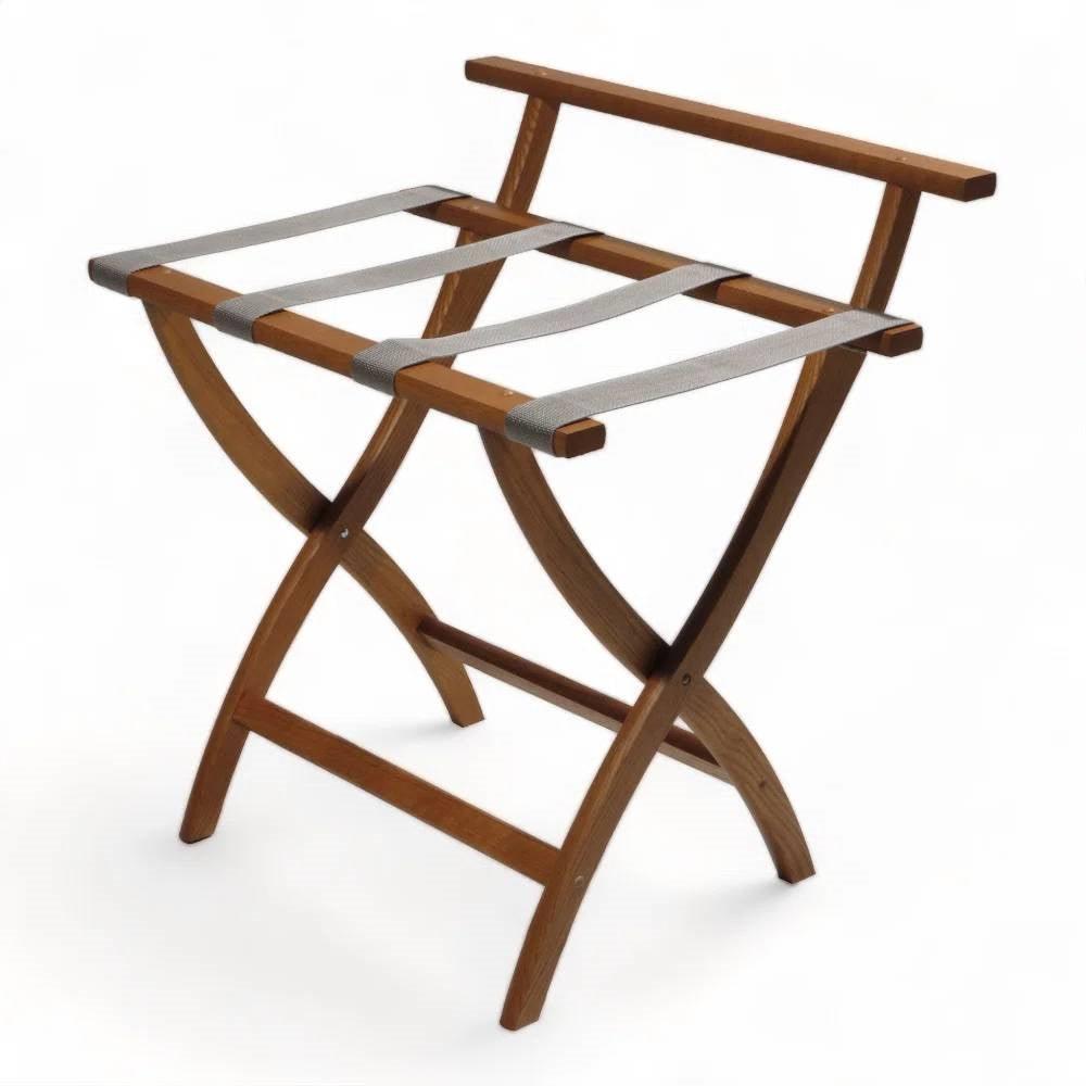 High Back Solid Wood Folding Luggage Rack with Grey Straps in Brown Finish - PRHOMZ