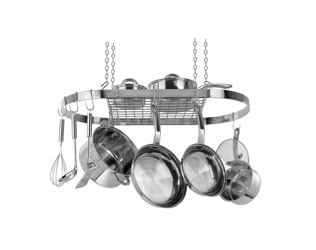 Modern Ceiling Mounted Stainless Steel Oval Hanging Pot Rack - PRHOMZ