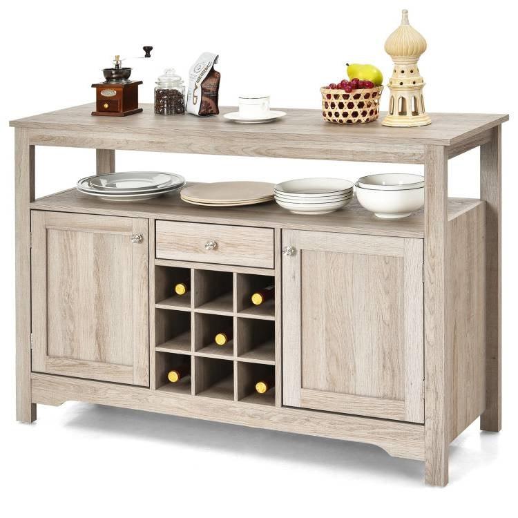 Grey Wood Sideboard Buffet Server Cabinet with Wine Rack and Storage Shelf - PRHOMZ