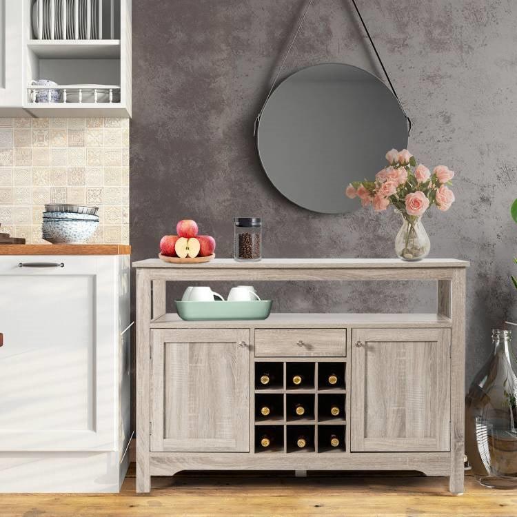 Grey Wood Sideboard Buffet Server Cabinet with Wine Rack and Storage Shelf - PRHOMZ